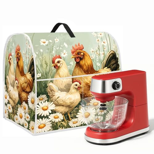 Image of Kitchen Dust Cover Compatible with 4.5 5 6 8 quart Stand Mixer, Kitchen Appliance Protective Covers with Top Handle and Pocket (Chicken and daisies, For All 6-8 qt Mixer)