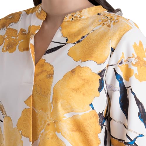 Image of FableStreet Women Shirt Work & Casual | Relaxed Fit Mandarin V-Neck Three-Quarter Sleeves Solid Pattern | Breathable Woven Fabric for Office & Everyday Wear