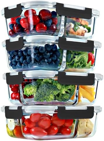 FIT Strong & Healthy Glass Meal Prep Containers, 2 & 3 Compartmen...