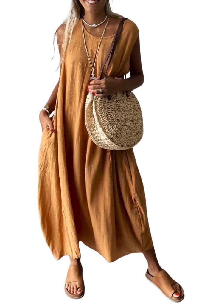 myzgx Women's Summer Boho Sleeveless Linen Tunic Dress Loose Fit A-Line Midi Long Beach Sun Dress