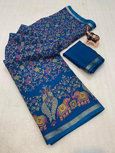 Image of Kalamkari Floral Prints Dola Silk Saree With Rich Zari Border Designer Pallu Attach Blouse Piece