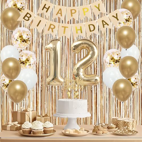 Image of Trgowaul 12th Birthday Decorations for Girls, Banner, Sash and Crown, Cake Topper, 12 Number Balloon, Fringe Curtains, Champagne Gold 12th Birthday Party Supplies