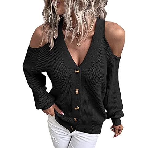 Bichingda Womens Fall Sweaters Cold Shoulder Casual Knit V Neck Long Sleeve Button Pullover Jumper Tops Black Cover