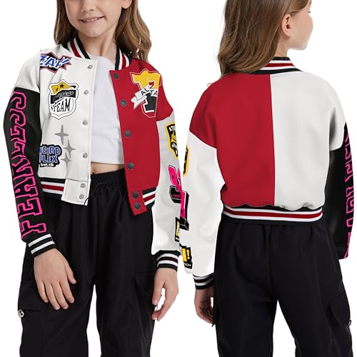 Vivimeng Girls Crop Bomber Jacket Kids Letterman Jacket Casual Letter Print School Baseball Coats3