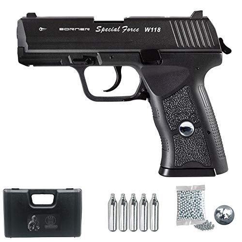 Borner W118 | Pistola de balines (Bolas bb's de Acero) Sistema blowback Tipo H&K USP Compact + maletín y Accesorios