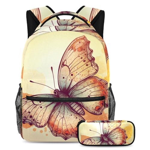 Sac à dos avec trousse papillon vintage pour école collège voyage ado