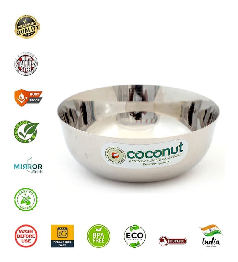 Image of coconut Stainless Steel Chaliya Bowl Set of 6 | Vati /Katori | 12 cm Diameter | 350ML Each | Ideal for Serving Curry, Snacks, Desserts | Home & Kitchen Use