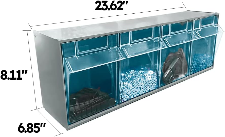Storage Cabinet with 4 Tilt Out Bins, Horizontal Organizer System for Home, Office, Garage, 23.6" W x 6.9" D x 8.1" H, Gray