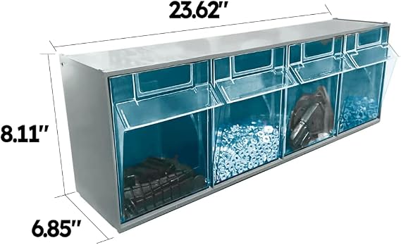 Storage Cabinet with 4 Tilt Out Bins, Horizontal Organizer System for Home, Office, Garage, 23.6 W x 6.9 D x 8.1 H, Gray