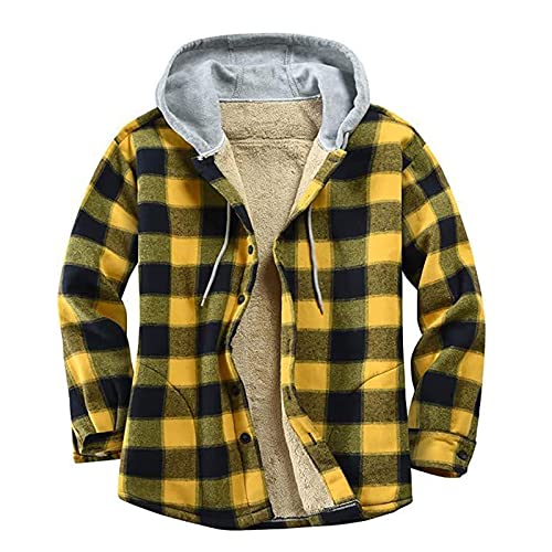 Plaid Jacket Sherpa Fleece Lined Shacket Jacket Men Flannel Hoodie Long Sleeve Shirts Plus Size Shackets Jacket Yellow