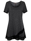 Miusey Short Sleeve Tops for Women Asymmetrical Tops for Women Round Neck Chiffon Patchwork Hem Daily Blouses Slim Fit Stylish Slimming Elegant Irregular Summer Tops for Women 2022 Black L