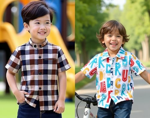 Image of Boys Short Sleeve Button Down Shirts, Plaid and Striped Pattern, Cotton Casual Tops, Pack of 2
