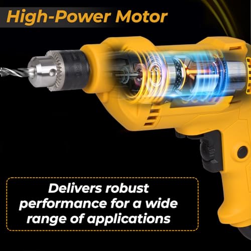 Image of Deli DL-DZ10-E3 500W Corded Electric Drill 0-3300RPM No-Load Speed 10mm Chuck Size 220-240V ~ 50 /60Hz Drilling Machine with Forward /Reverse Rotation & Switch Lock Function (Pack of 1, Yellow)