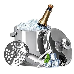 LessMo Roestvrijstalen ijsemmer, 3 liter, ijsblokjesschaal met deksel en ijstang, ijsblokjeshouder, dubbelwandige…