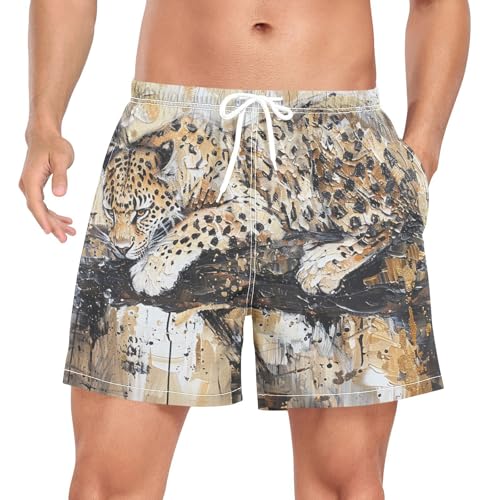 Mens Swim Trunks with Liner, Cheetah Branch Abstract Cool Quick Dry Beach Swim Shorts, Swimwear Bathing Suits S