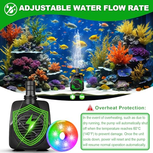 Image of 210GPH Submersible Water Pump, 15W Ultra Quiet Small Fountain Pump with LED Lights and 3.28 ft Tubing, 2 Nozzles for Outdoor Pond, Water Feature, Aquarium, Fish Tank, Hydroponic, Statuary