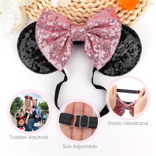 Image of DRESHOW Minnie Ears Headbands Mouse Ears Sequin Bow Headbands Elastic Adjustable Headband Glitter Party Decoration Cosplay Costume for Women