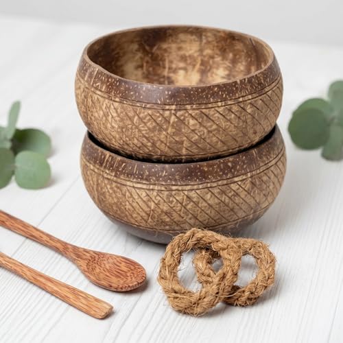 cocovibes Samoa Lot de 2 bols à céréales en noix de coco faits à la main avec cuillère en bois et dessous de verre