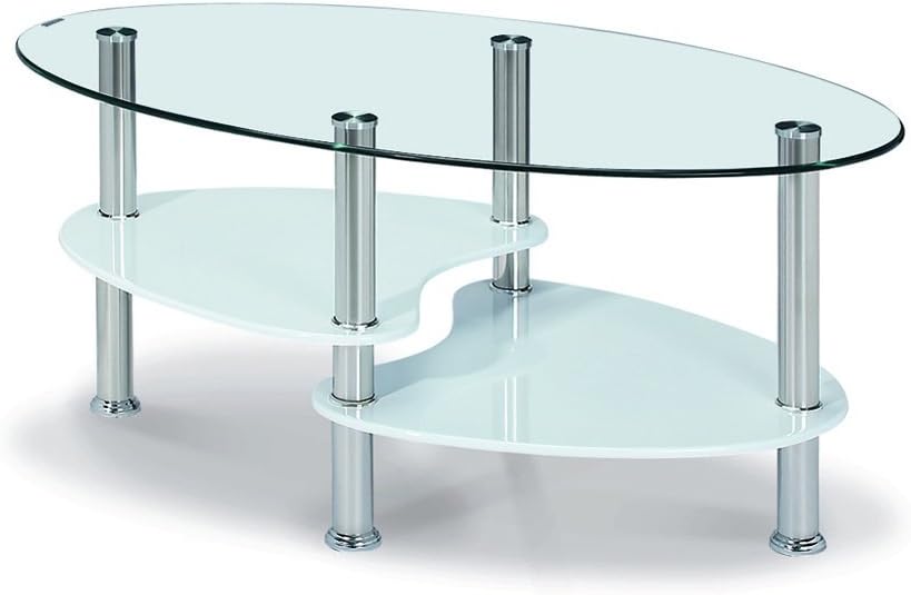 Requiredgoods Clear Glass Oval Coffee Table Chrome Legs High Gloss White Shelves - Portable Clear Glass Center Table 900W x 550D x 415H - Durable Living Room Furniture