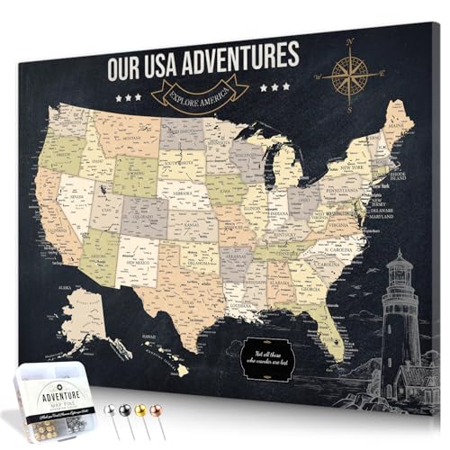 Image of IPIC - Vintage USA Travel Map, Pin Board Canvas Wall Art, Travel Map with Pins Included, Ready to Hang for Home or Office, 40x30 Inch