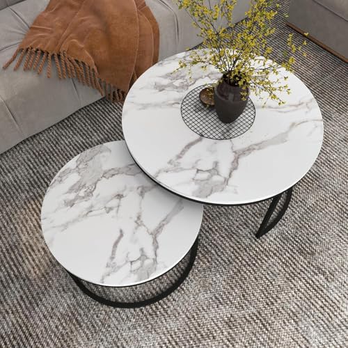 Image of 2-Piece Round Coffee Table Set | Marble Finish MDF Top with Golden Iron Frame | Modern Center & Side Table for Living Room, Bedroom & Small Spaces Black White