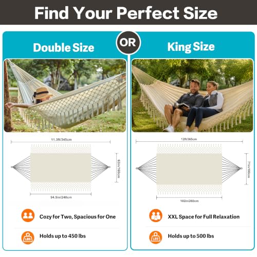 Image of Brazilian Double Hammock with Tassels, King Size, 500 lb Capacity | Soft Woven Cotton Fabric Handcrafted Macrame Tassels 102 x 71 in, 2-Person Hammock for Outdoor Natural White with Tassels