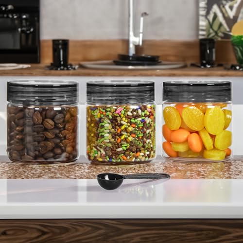 Image of PEARLPET Plastic Containers for Kitchen Storage | Plastic Container Set with Spoon | BPA-Free, Stackable Jars | Black, 200 ML (Set of 3)