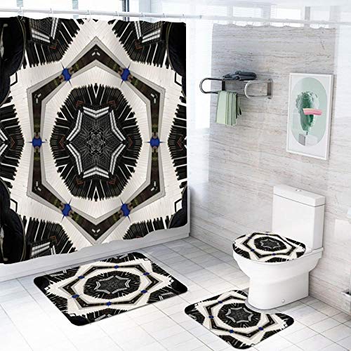 ZDDWLDL 3D Gedruckter Duschvorhänge Set Schwarz-Weiße Mandala-Blume Duschvorhang Set 4 Stück Badezimmer Dekor Vorhang…