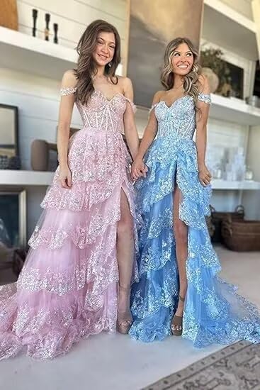 Women's Sequin Prom Dresses 2025 Tulle Lace Appliques Off Shoulder Formal Evening Dress with Slit3