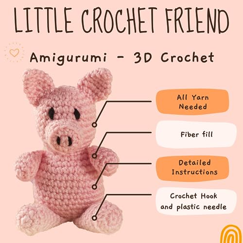 Image of LEISURE ARTS Little Crochet Friend Animals Crochet Kit, Pig, 8 inch, Complete Kit, Learn to Animal Starter Kit for All Ages, Includes Instructions, DIY Amigurumi Kits