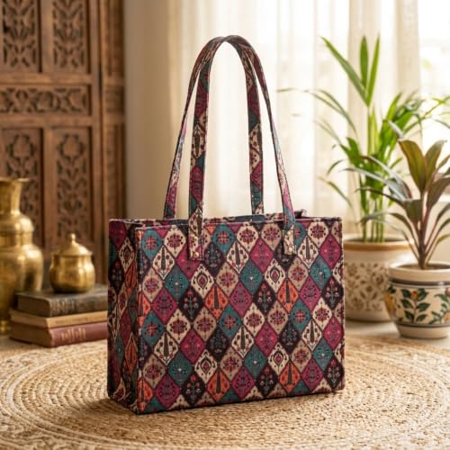 Image of Stylish Jute Tote Bag for Office & Laptop | Large Capacity Shoulder Handbag with Zip Pockets | Lightweight Waterproof Shopper Tote for Work, College, Shopping & Gift for Women