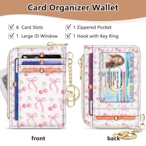 Image of GIANCOMICS Slim Wallet Credit Card Holder Women, Cute Bow Rfid Small Card Case, Keychain Thin Pocket Curved Zipper Wallet, Travel Card Holder PU Leather ID Window, Girly Ladies Female Gifts