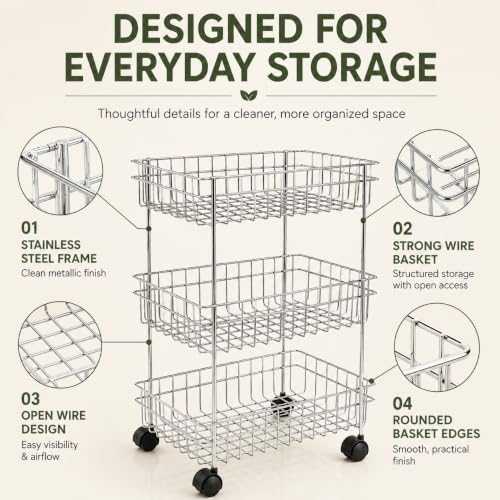Image of TUNIS 3 Tier Stainless Steel Wire Storage Basket Trolley |Fruit & Vegetable Trolley with 360 Moving Wheels| Rack for Kitchen, Fruits, Vegetables & Grocery Storage, Movable Organizer Cart