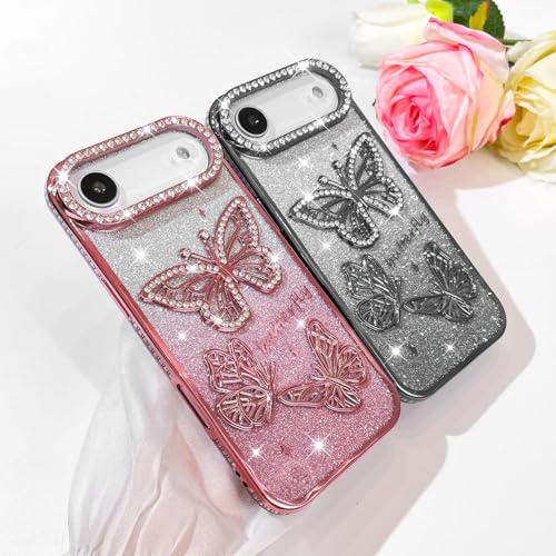 Image of Elzzi Electroplated Butterfly Phone Cover for iPhone 17 Air Case, Showcasing Pearlescent Diamond Soft TPU, Camera Protection, Shockproof, Dropresistant Stylish for Girls & Women (Grey)