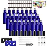 Glass Roller Bottles，24 Pack 10ml Cobalt Blue Roller Bottles for Essential Oils Roller Bottles with Stainless Steel Roller Balls (1 Brush, 24 Labels, 3 Droppers, 6 Extra Roller Balls, 2 Openers)