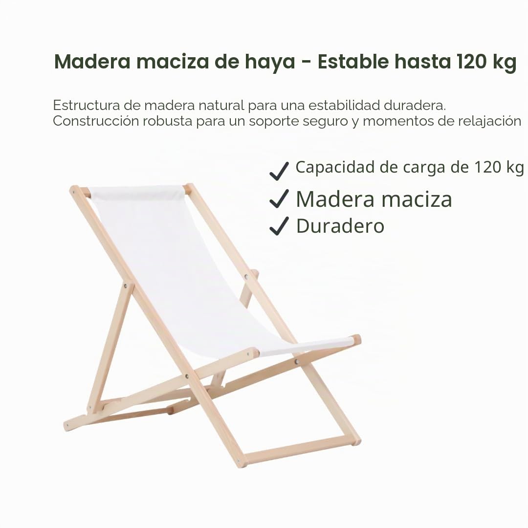 BAS Tumbona de Madera Ajustable para Playa y Jardín Construcción Robusta y Sólida Material Práctico, sillas Plegables de Madera, Blanco