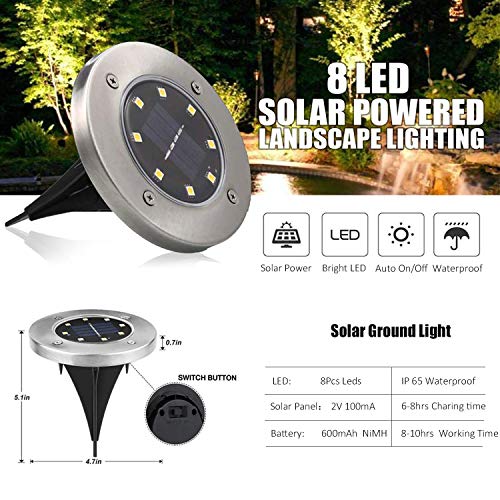 Solar Ground Lights, Outdoor Solar Powered Garden Lights 8 LED, Disk Lamp Waterproof In-Ground Landscape Path Lighting for Yard Lawn Patio Walkway, Cool White - Thumbnail 5
