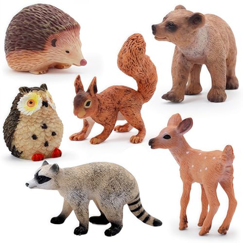 Gemini&Genius Woodland Animal Toys, 6Pcs Forest Animal Toy Figures with Bear, Hedgehog, Deer, Raccoon, Squirrel and Owl, North American Wildlife Great Cake Toppers for Baby Shower and Gifts for Kids