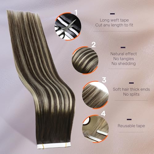 Image of Full Shine Genius Weft Hair Extensions, Dark Brown Ash Blonde 22 Inch | 50g 1 Piece, Seamless Invisible Tape in Weft Extensions, Natural Blend Lightweight Wear for Wedding and Daily Styling