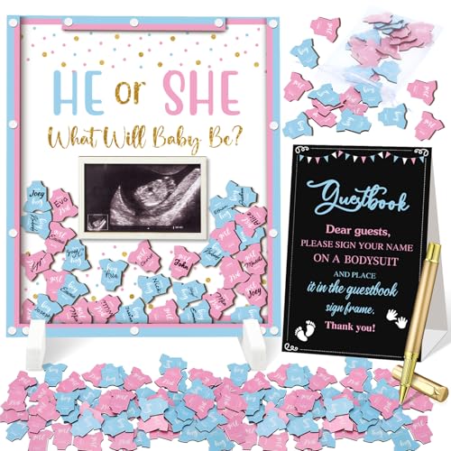 Image of Beeveer 65 Pcs Gender Reveal Baby Shower Guest Book Alternatives He or She Gender Reveal Decorations Sign in Guest Book with Picture Frame and 60 Wooden Chip for Baby Shower He or She Party Keepsake