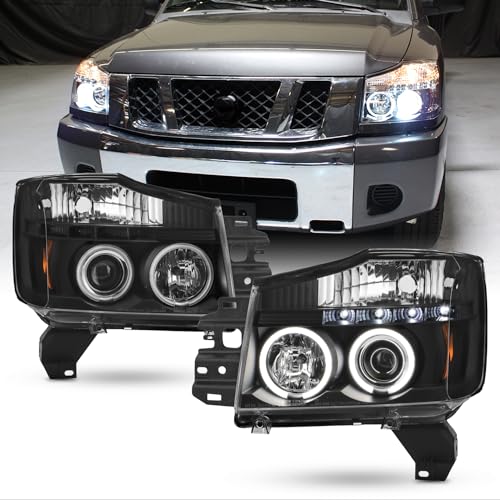 AKKON - For Nissan Titan Armada Black Bezel Dual Halo Projector LED Headlights Front Lamps Replacement Pair