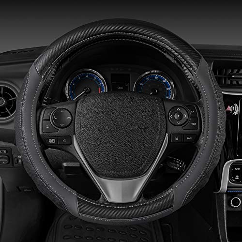 Image of Motor Trend UltraSport Gray Carbon Fiber Steering Wheel Cover, Standard 15 inch Size, Black Faux Leather Comfort Grip, Car Steering Wheel Cover for Auto Truck Van SUV