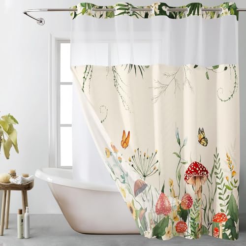 EOBTAIN No Hook Rustic Mushroom Shower Curtain with Snap in