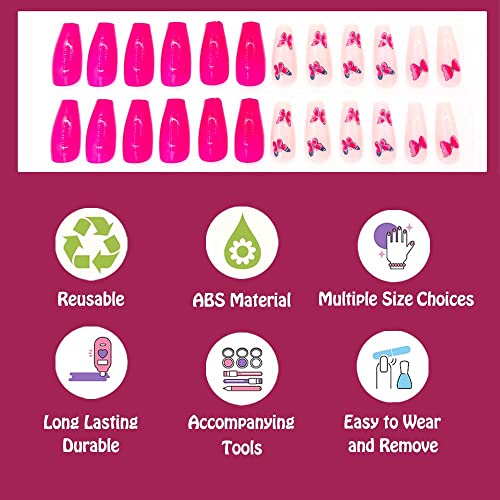 Andging Hot Pink Press On Nails Medium Coffin With Butterfly Design, Fake Nails For Women Square, Glue On Nails Reusable Full Cover Stick On False Nails For Wedding Birthday 24Pc+Glue #TOP2