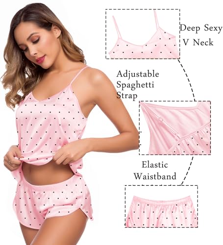 Image of SWOMOG Womens Silk Satin Pajamas Sets 4pcs Sleepwear Sexy Cami Shorts Set and Button Down Short Sleeve Pjs Loungewear Pink Dots Large