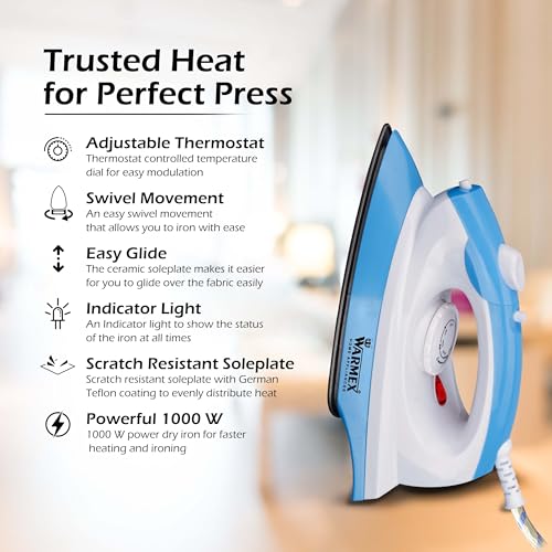 Image of WARMEX 1200 Watt Spray or Dry Iron for Clothes, Steam Iron Press, 50 ml Water tank & Non-Stick Soleplate, On /OFF Indicator Light with Overheat Safety Protection | 2 Year Warranty | (Blue)