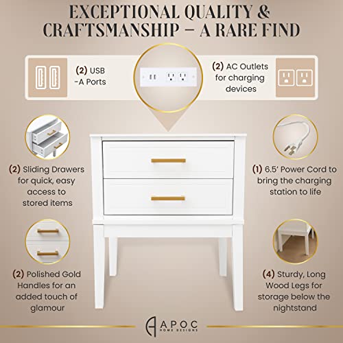 2 Drawer Nightstand With Charging Station - Mid Century Modern Nightstand With Polished Gold Handles, 2 Usb Ports & 2 Outlets - Multifunctional Smart Bedside Table For Your Home - 24" Tall (White) #TOP5