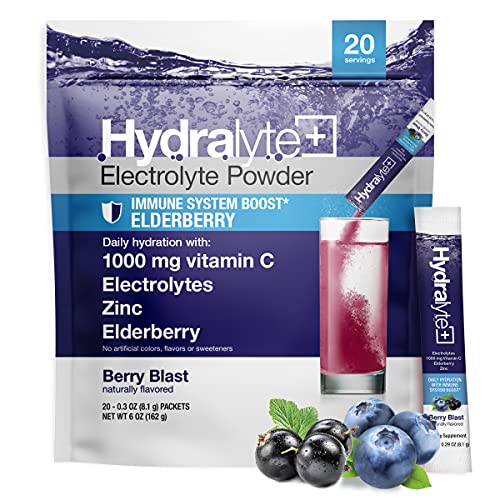 Hydralyte Electrolyte Hydration Powder Packets - Immunity Boost: 1,000mg Vitamin C, 300mg Elderberry, Zinc, with Antioxidants | Lightly Sparkling | Instant Dissolve | All Natural Berry Blast, 20 ct