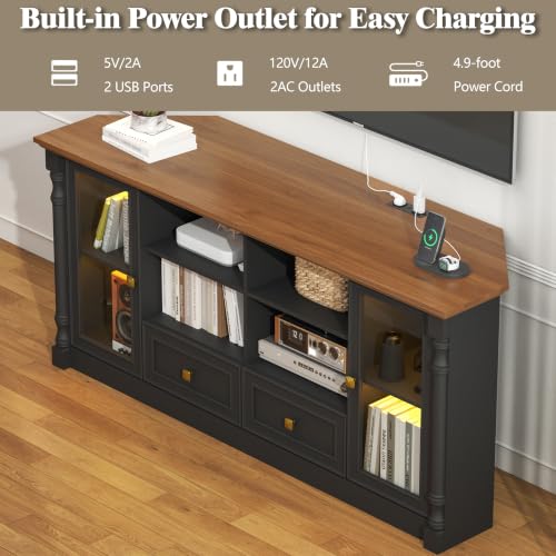 Image of Corner TV Stand for 55 60 65 Inch TVs,Entertainment Center,Black | Classic Column Design With 2 Display Cabinets,2 Drawers,Power Outlet & Led Light, Media Furniture For Living Room,Bedroom