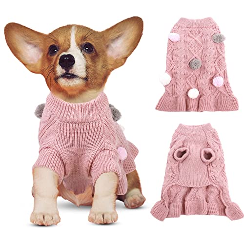 JUDYBRIDAL Dog Sweater Dress, Turtleneck Pet Sweater with Colorful Pom Pom Warm Knitwear Pullover Dog Skirt Puppy Princess Dress Apparel for Small Medium Dogs and Cats (M | Pink)